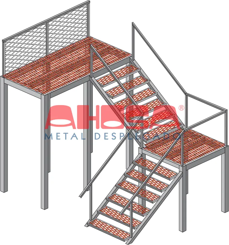Render isométrico de una plataforma industrial resuelta con grating AHOSA: piso de plataforma, peldaños de escalera, descanso y paneles de cierre perimetral.